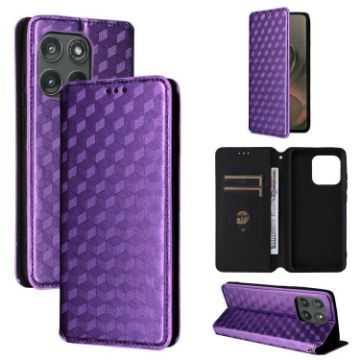 Motorola Edge 5G 2025 Flip Leather Phone Case - Purple Cubic Grid Texture - 1