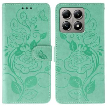 Xiaomi 14T Pro Green Rose Butterfly Embossed Leather Phone Case - 1