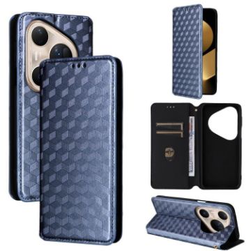 Huawei Pura 80 Ultra 5G Blue Flip Leather Phone Case with Cubic Grid Texture - 1
