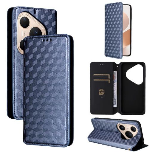 Huawei Pura 80 Pro/Pro+ 5G Blue Leather Flip Case with Cubic Grid Texture - 1