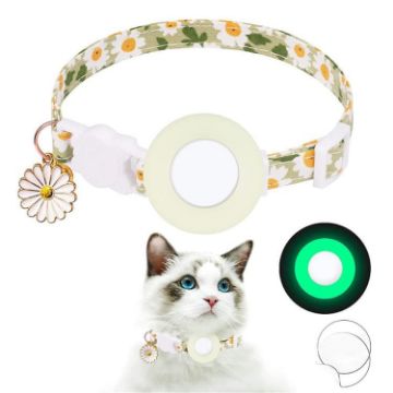 Luminous Green Silicone AirTag Pet Collar with Bell & Daisy Cover - 1