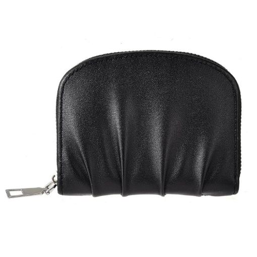 Black Women Wallet - Pleated PU Zipper Short Wallet, Solid Color Coin Purse - 1