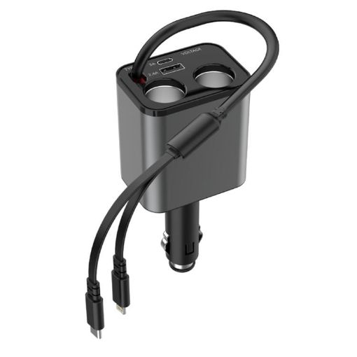 120W Retractable USB Car Charger with Cigarette Lighter - 8 Pin & Type-C - 1