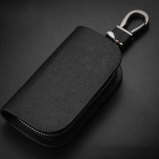 Universal Car Key Case - Black Cowhide Leather Protective Cover - 1