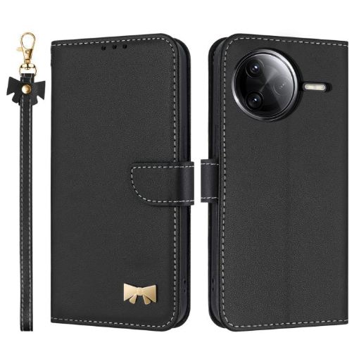 Redmi K80 Pro/Poco F7 Pro Black Metal Bow Leather Case with Hand Strap - 1