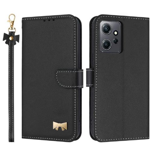Redmi Note 12 4G Black Leather Phone Case with Metal Bow & Hand Strap - 1