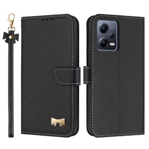 Redmi Note 12 Pro 5G Black Leather Case with Metal Bow & Hand Strap - 1
