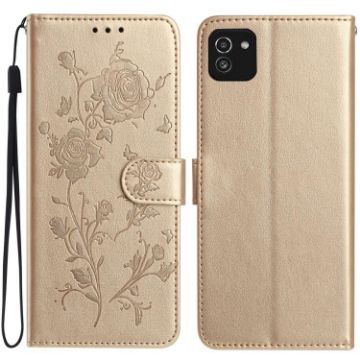 Samsung Galaxy A03 Gold Rose Flower Embossed Leather Phone Case - 1