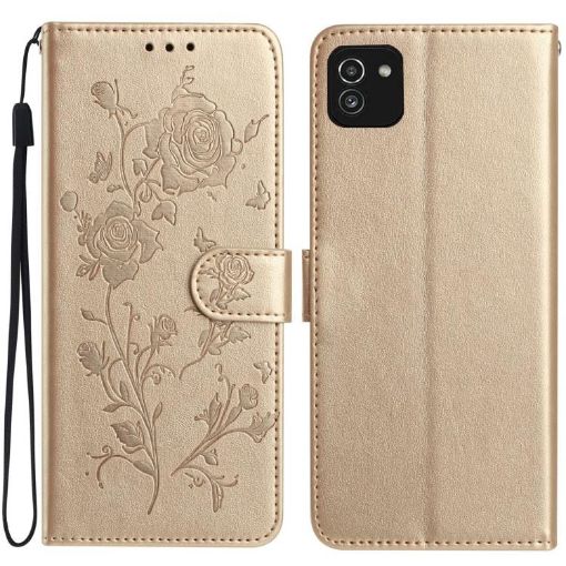 Samsung Galaxy A03 Gold Rose Flower Embossed Leather Phone Case - 1