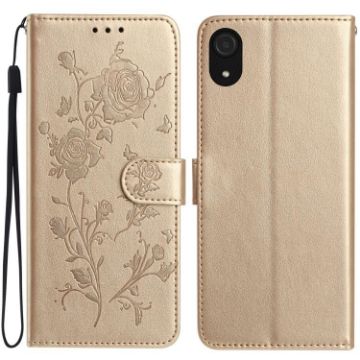 Samsung Galaxy A03 Core Gold Leather Case with Rose Flower Embossing - 1