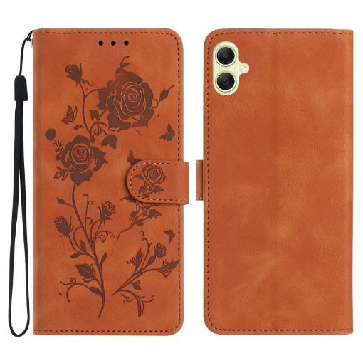 Samsung Galaxy A05 Brown Leather Case with Rose Flower Embossing Pattern - 1