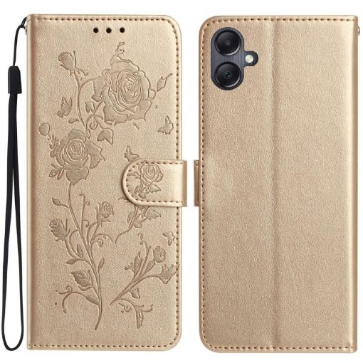 Samsung Galaxy A06 Gold Leather Case with Rose Flower Embossing Pattern - 1