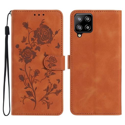 Samsung Galaxy A12 Brown Leather Case with Rose Flower Embossing - 1