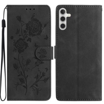 Samsung Galaxy A13 5G Black Leather Case with Rose Flower Embossing - 1