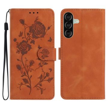 Samsung Galaxy A17 Brown Leather Case with Rose Flower Embossing - 1