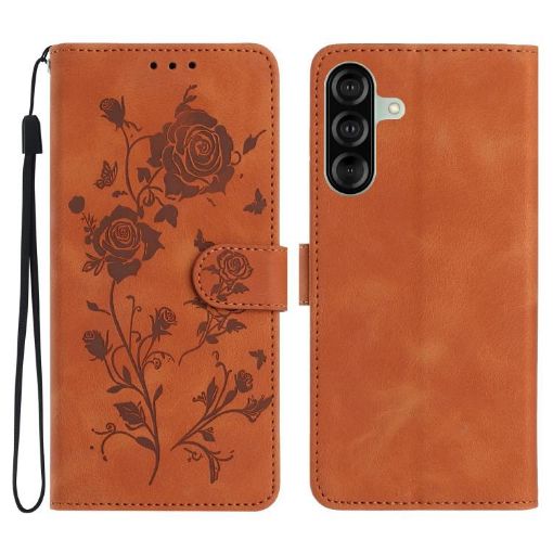 Samsung Galaxy A17 Brown Leather Case with Rose Flower Embossing - 1