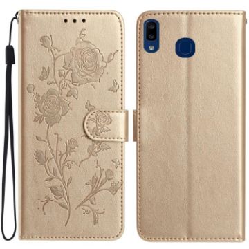 Samsung Galaxy A20e Gold Rose Flower Embossed Leather Phone Case - 1