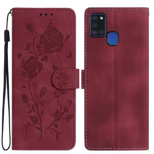Samsung Galaxy A21S Red Rose Flower Embossed Leather Phone Case - 1
