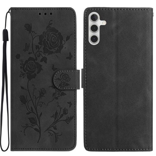 Samsung Galaxy A25 Black Leather Case with Rose Flower Embossing - 1