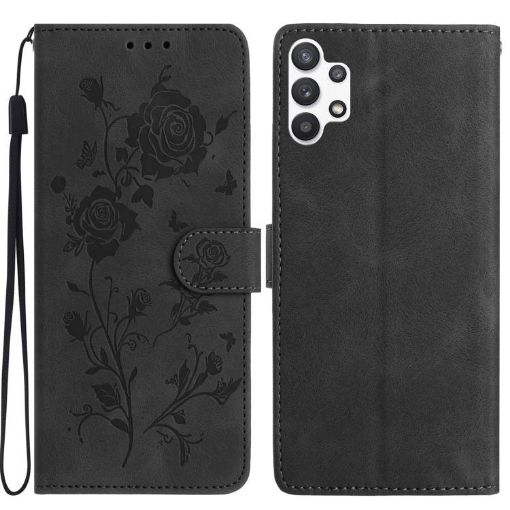 Samsung Galaxy A32 5G Black Leather Case with Rose Flower Embossing - 1