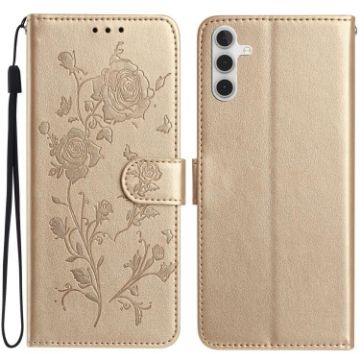 Samsung Galaxy A34 Gold Leather Case with Rose Flower Embossing - 1