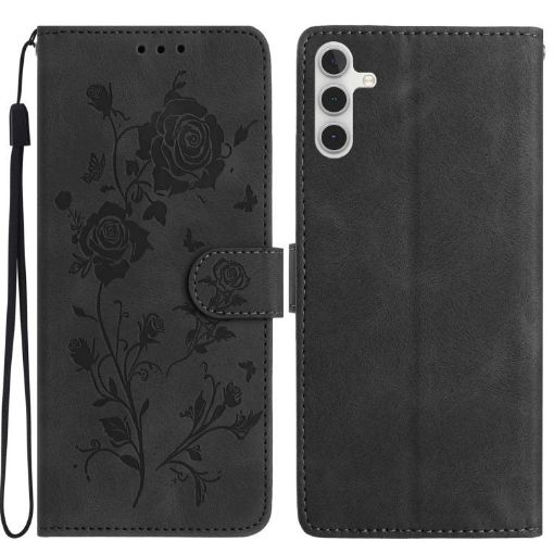 Samsung Galaxy A35 Black Leather Case with Rose Flower Embossing Pattern - 1