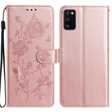 Samsung Galaxy A41 Rose Gold Leather Case - Rose Flower Embossed Pattern - 1