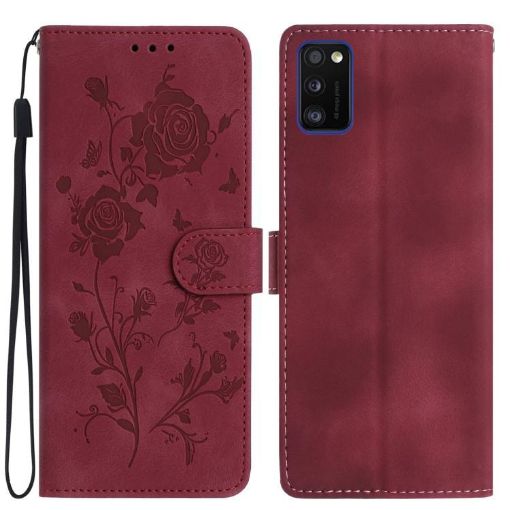 Samsung Galaxy A41 Red Rose Flower Embossed Leather Phone Case - 1