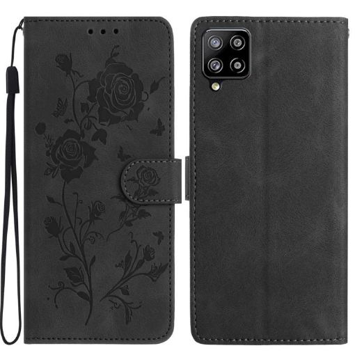 Samsung Galaxy A42 Black Leather Case with Rose Flower Embossing Pattern - 1