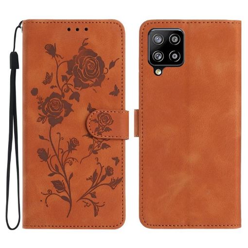 Samsung Galaxy A42 Brown Leather Case with Rose Flower Embossing - 1