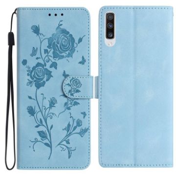 Samsung Galaxy A50 Leather Case, Rose Flower Embossed, Sky Blue - 1