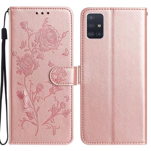 Samsung Galaxy A51 Rose Flower Embossed Leather Case - Rose Gold - 1