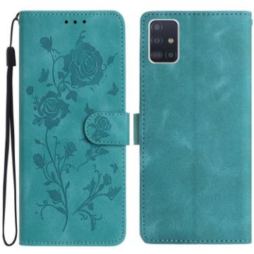 Samsung Galaxy A51 Green Leather Case with Rose Flower Embossing - 1