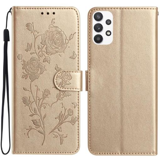 Samsung Galaxy A52 Gold Rose Flower Embossed Leather Phone Case - 1