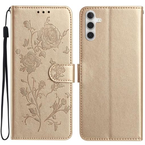 Samsung Galaxy A54 Gold Rose Flower Embossed Leather Phone Case - 1