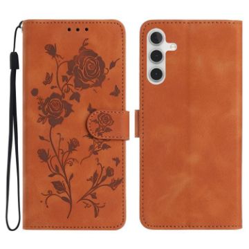 Samsung Galaxy A56 Brown Leather Case with Rose Flower Embossing - 1