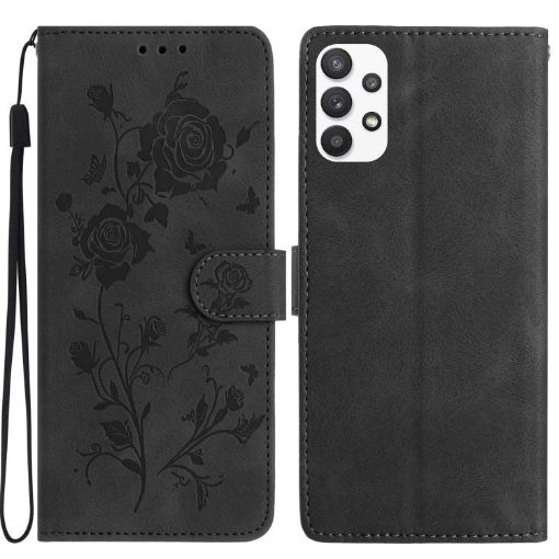 Samsung Galaxy A73 Black Leather Case with Rose Flower Embossing Pattern - 1