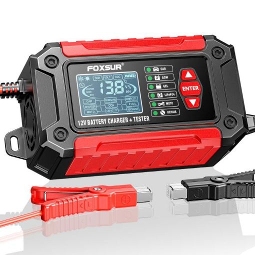 FOXSUR FTC-1206 12V Car Motorcycle Battery Charger Tester, US Plug - 1