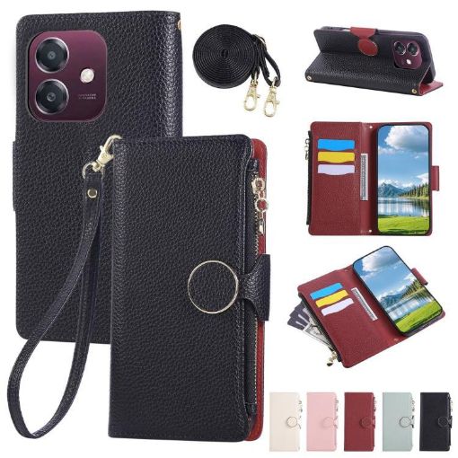 OPPO A3x/A3 5G/4G Leather Wallet Phone Case with Crossbody Strap - Black - 1