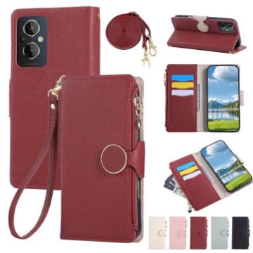 OPPO F21 Pro 5G Red Leather Wallet Case with Crossbody Strap - 1