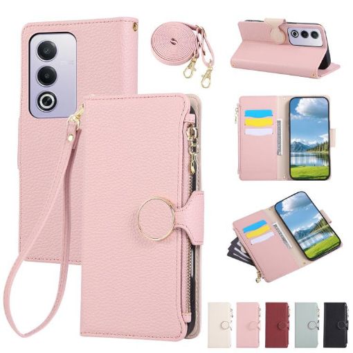OPPO A3 Pro/A80 5G Pink Leather Wallet Phone Case with Crossbody Strap - 1