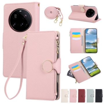 Xiaomi 15 Ultra Pink Leather Wallet Phone Case with Crossbody Strap - 1