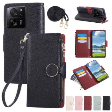 Xiaomi 13T/13T Pro Leather Wallet Phone Case with Crossbody Strap - Black - 1
