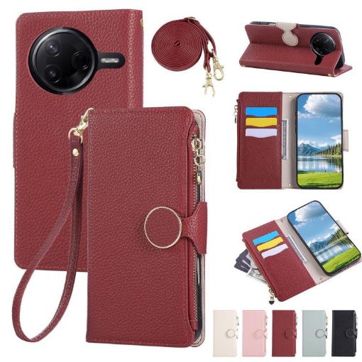 Redmi K80 Pro/Poco F7 Ultra Leather Wallet Phone Case with Strap (Red) - 1
