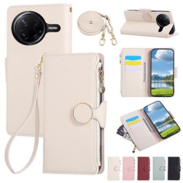 Redmi K80/Poco F7 Pro Leather Wallet Phone Case with Strap - White - 1