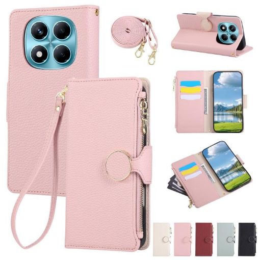Redmi Note 14 Pro 4G Pink Leather Wallet Case with Crossbody Strap - 1