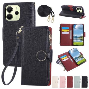 Redmi Note 14 4G Leather Wallet Case with Crossbody Strap - Black - 1