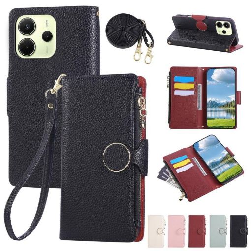 Redmi Note 14 4G Leather Wallet Case with Crossbody Strap - Black - 1