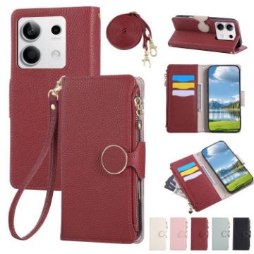 Red Leather Wallet Phone Case for Redmi Note 13 5G with Crossbody Strap - 1