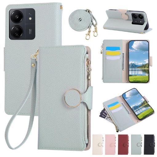 Redmi 13C Sky Blue Leather Wallet Phone Case with Crossbody Strap - 1
